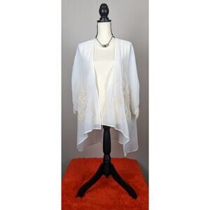 Ella Blue Cream White Floral Embroidered Fringe Sleeves Sheer Kimono M/L